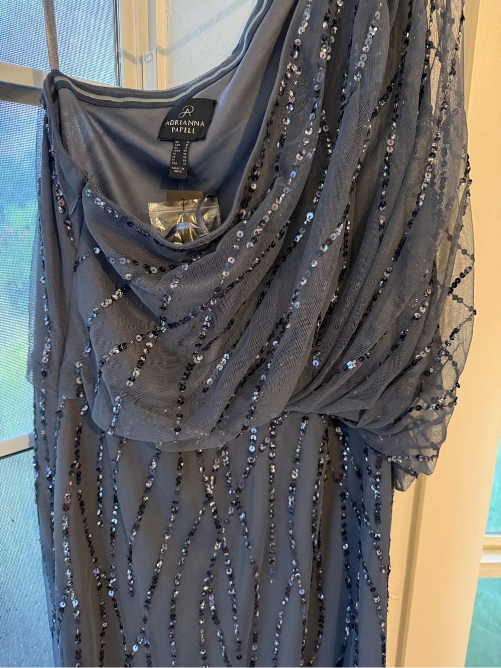 NWT - Adrianna Papell One-Shoulder Slate Blue Sequin Gown - Picture 5 of 6